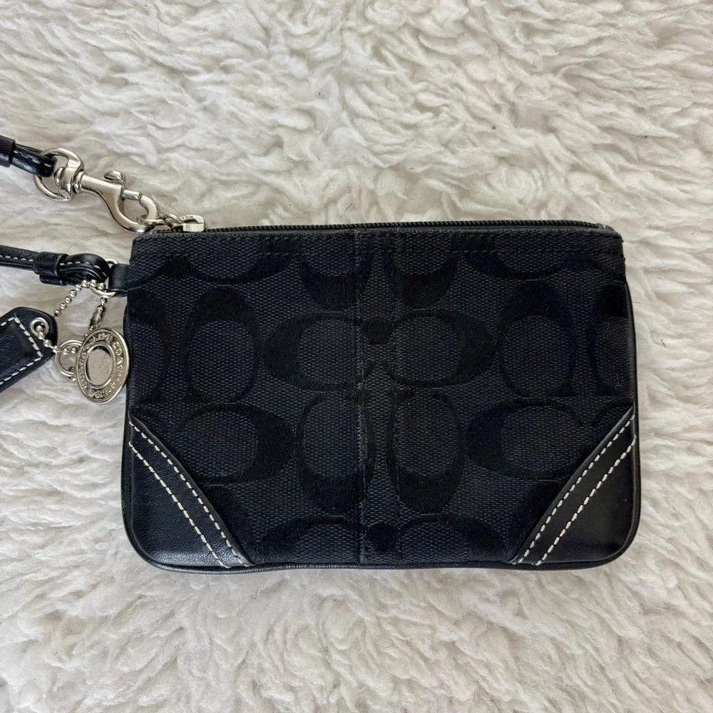 Coach CC Signature Canvas Black Leather Wristlet with Charm